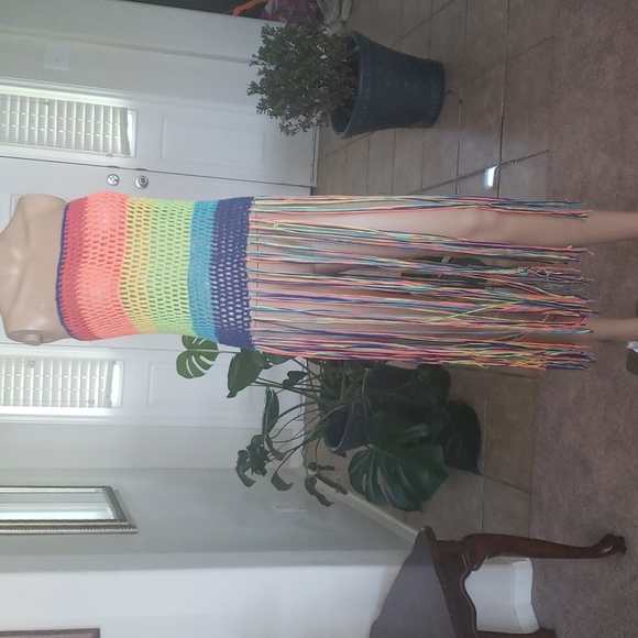 Neon rainbow crochet tube top long tassels top/ tunic swim cover up pride - Picture 2 of 9